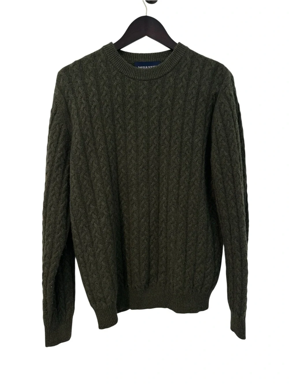 Classic Davis & Squire 2-ply Cashmere Olive Cable Knit Crewneck Sweater